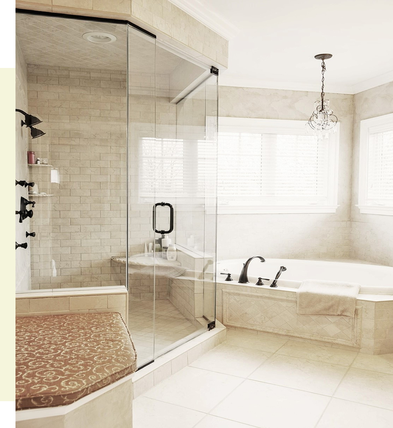 Modern bathroom with glass shower and bathtub.