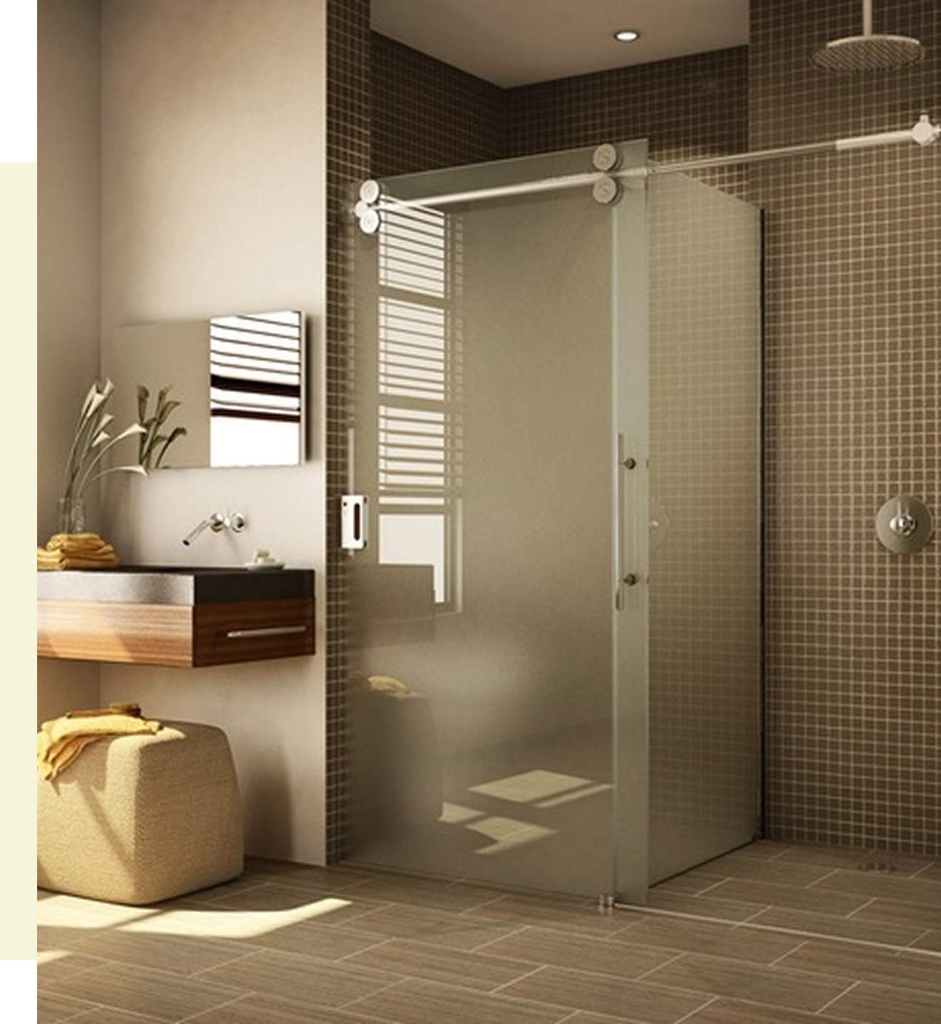 Modern bathroom with glass shower and vanity.