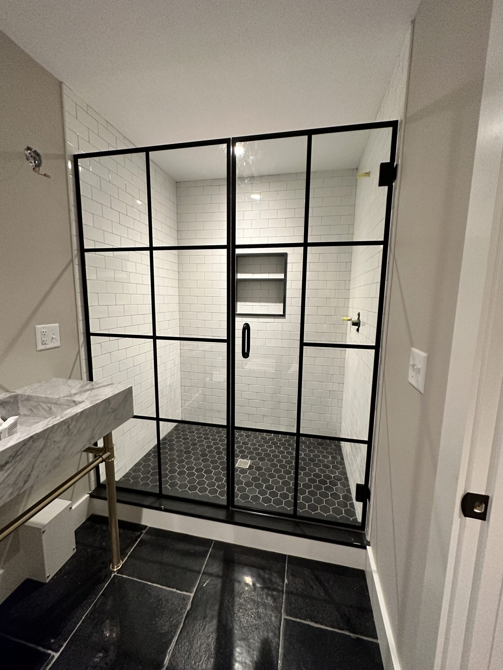 Glass Shower Door with Black Grids